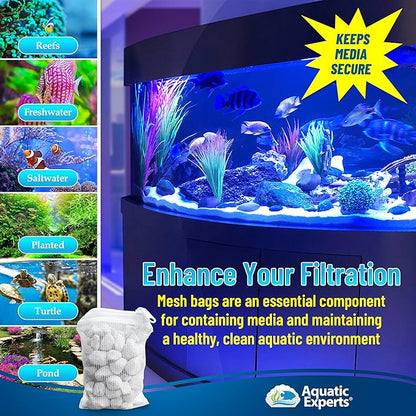 Aquatic Experts High Flow Filter Media Bag - Durable Filter Bags for Fish Tank, Secure Aquarium Media Bag with Drawstring, Media Bags for Aquarium and Pond, High Flow (Zipper), 3” x 8” – 4 Pack