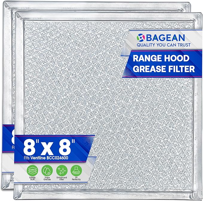 Bagean Stove Vent Filter 8x8 inch BCC024600 Compatible with Ventline Range Hood Filter Replacement for Kitchen Exhaust Fan - Aluminum Screen Blocks Grease & Filters Over Oven Air (2-Pack)