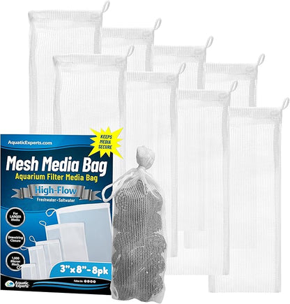 Aquatic Experts High Flow Filter Media Bag - Durable Filter Bags for Fish Tank, Secure Aquarium Media Bag with Drawstring, Media Bags for Aquarium and Pond, High Flow (White), 3” x 8” - 8 Pack