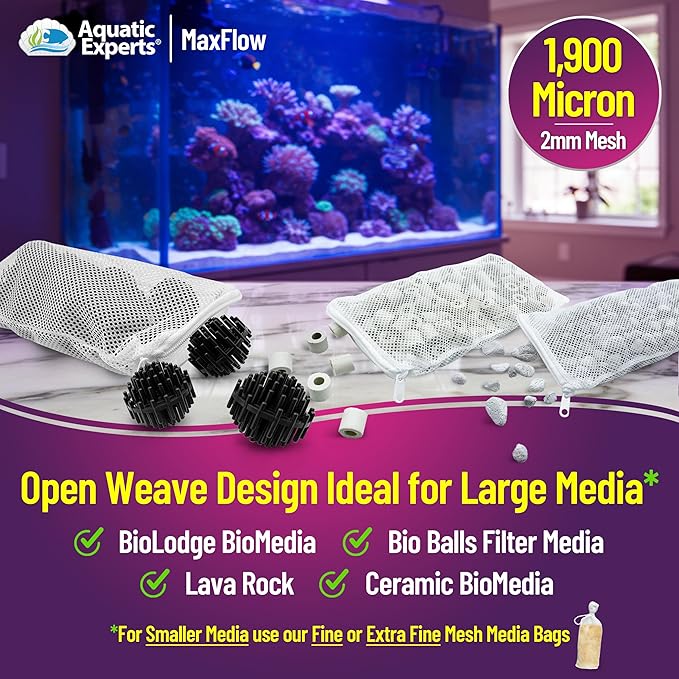 Aquatic Experts Max Flow Filter Media Bags - Durable, Secure with Plastic Zipper, for Aquarium and Pond, Zipper, 3" x 8" - 4 Pack