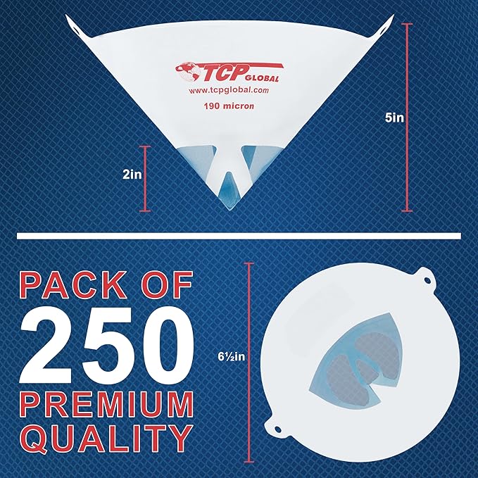 TCP Global - 190 Micron Filter Tips Ultra-Fine Paint Strainer (250 Pack) - Pure Blue Nylon Mesh Cone Strainer - Paint Filter Cones for Auto, House & Hobby