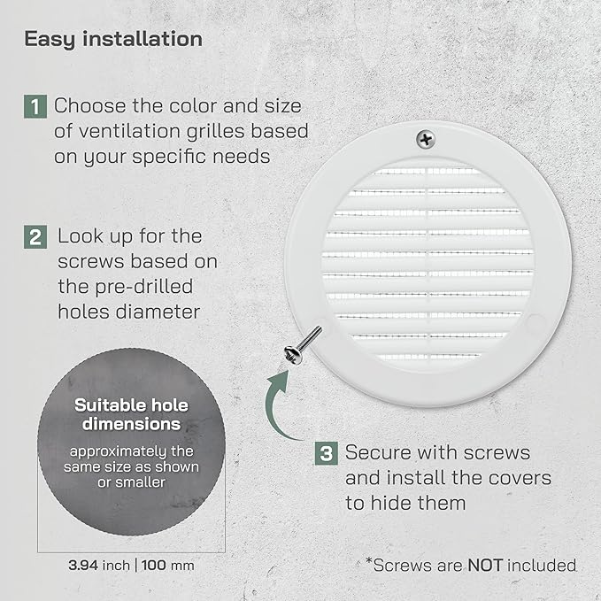 Vent Systems 4" Inch (Opening Dimensions) - Pack of 100 - White Soffit Vent Cover - Plastic Round Air Vent Grille - Built-in Mesh Screen - HVAC Register Louver for Bathroom, Home, Kitchen