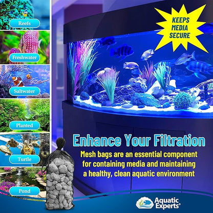 Aquatic Experts High Flow Filter Media Bag - Durable Filter Bags for Fish Tank, Secure Aquarium Media Bag with Drawstring, Media Bags for Aquarium and Pond, High Flow (Black), 3” x 8" – 4 Pack