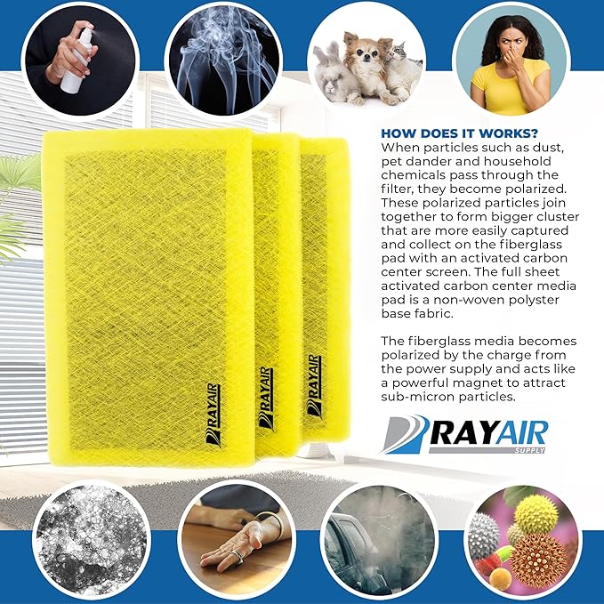 RAYAIR SUPPLY 20x40 Replacement Filter Pads Designed to Fit MicroPower Guard Air Cleaner 20x40 Refills (3 Pack) YELLOW