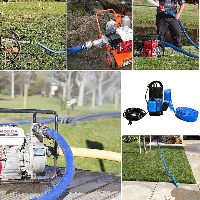 DAVCO 2.5" x 100 ft Pool Backwash Hose, Heavy Duty Reinforced Blue PVC Lay Flat Water Discharge Pump Hoses For Swimming Drain Pools and Clean Filters,with 1 Clamp