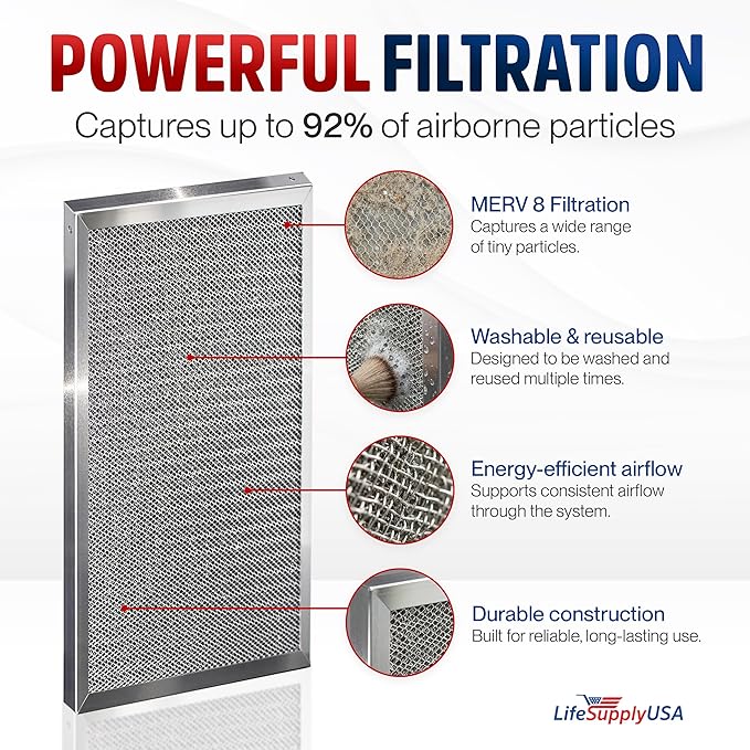 14x25x1 Electrostatic Air Filter, MERV 8, Washable, Reusable Furnace AC/HVAC Filter, Energy Saving, Easy to Clean, Long-Lasting by LifeSupplyUSA