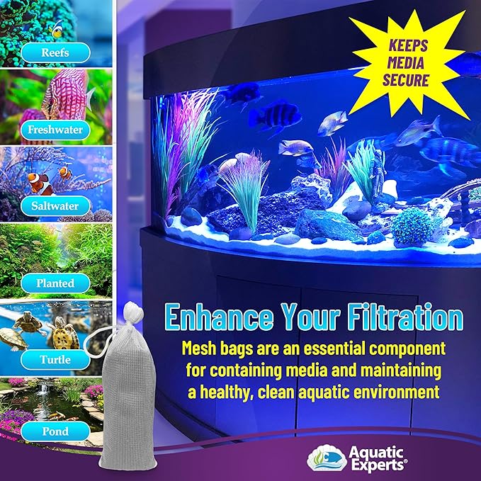 Aquatic Experts Fine Aquarium Media Bag, Durable Drawstring Bags for Fish Tank Filters, 450 Micron Mesh, (Fine, 8" x 12" - 3 Pack)
