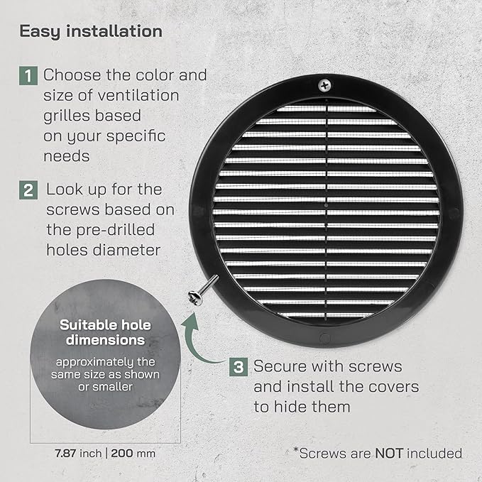 Vent Systems 8" Inch (Opening Dimensions) - Pack of 50 - Black Soffit Vent Cover - Plastic Round Air Vent Grille - Built-in Mesh Screen - HVAC Register Louver for Bathroom, Home, Kitchen