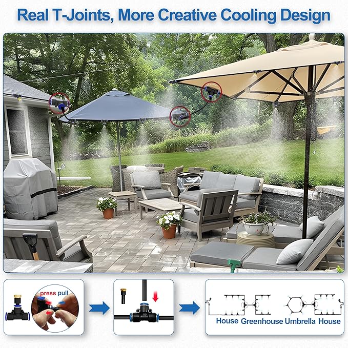 Misters for Outside Patio,Outdoor Water Misting Cooling System,99FT|30M.Backyard Mist Kit for Garden,Greenhouse,Fan,Deck,Umbrella,Canopy,Pool,Porch.Trampoline Sprinkler Park,BBQ Party Accessories