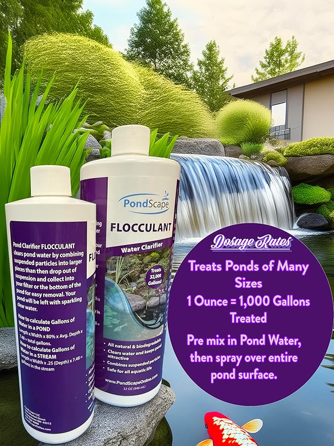 PONDSCAPE Pond Flocculant – Clears Cloudy & Murky Pond Water – Fast-Acting Water Clarifier for Ponds, Water Gardens & Fountains – Safe, Biodegradable Formula (32oz)