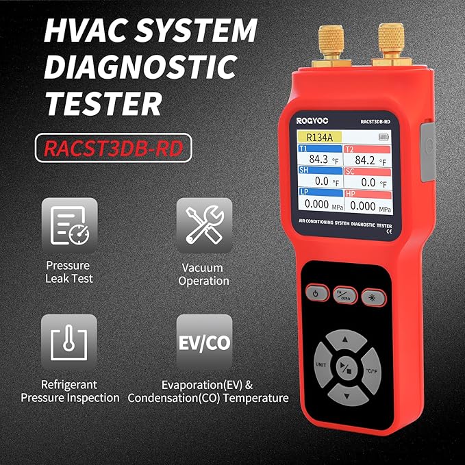 Digital Manifold Pressure Tester Gauge for HVAC, 2-Way AC Pressure Gauges with 2 Thermometer Clamps and 2 Hoses for Air Conditioner Performance Testing