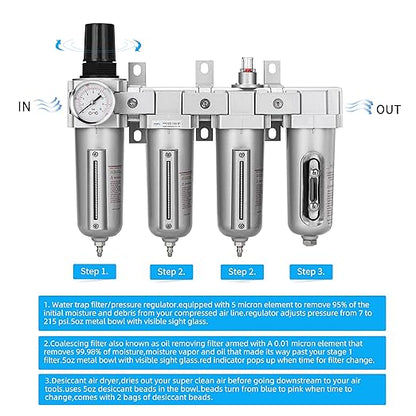 NANPU 3/4" NPT Industrial Grade 4 Stage Air Drying System - Double Particulate Filters, Coalescing Filter, Desiccant Dryer & Air Regulator, Metal Bowl, Manual Drain, for Paint Spray＆ Plasma Cutter