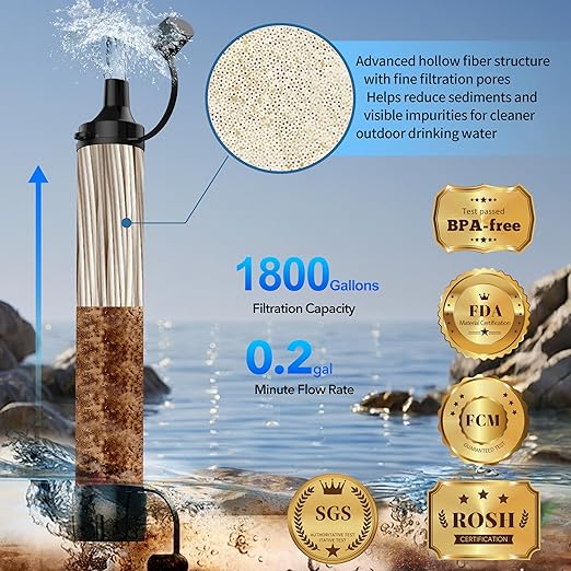 Emergency Water Filter Straw, Personal Survival Water Filtration System, Water Purifier, Outdoor Survival Gear and Equipment for Hiking Camping Accessories Cycling Fishing Preparedness