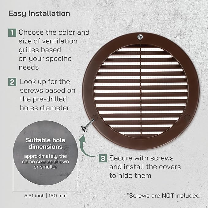 Vent Systems 6" Inch (Opening Dimensions) - Pack of 100 - Brown Soffit Vent Cover - Plastic Round Air Vent Grille - Built-in Mesh Screen - HVAC Register Louver for Bathroom, Home, Kitchen