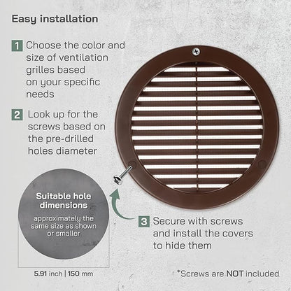 Vent Systems 6" Inch (Opening Dimensions) - Pack of 100 - Brown Soffit Vent Cover - Plastic Round Air Vent Grille - Built-in Mesh Screen - HVAC Register Louver for Bathroom, Home, Kitchen