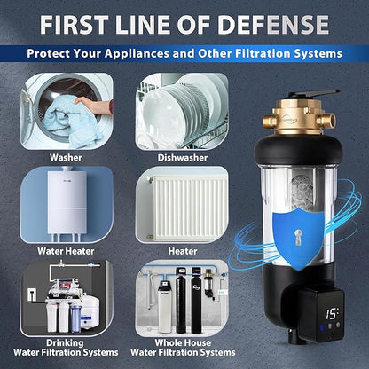 iSpring WSP50SL-ARJ-BP, NSF Certified, Whole House Spin Down Sediment Water Filter, 4 Modes Bypass, Includes Siliphos Helps Prevent Scale, Clear Housing, Jumbo Size, Touch-Screen Auto Flushing