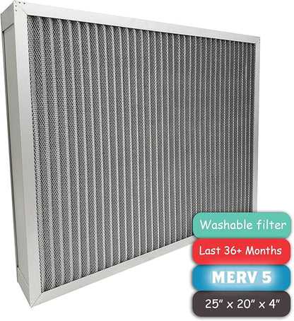 Washable Air Filter(25" x 20" x 4" MERV 5), Aluminum Electrostatic Air Filter for Furnace and Central Air Conditioner (Actual Size: 24.7" x 19.7" x 3.6")