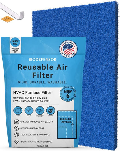 Biodefensor Reusable Air Filter 20x30x1, Made in USA - Cut to Fit Most Furnace, AC, HVAC Vent - Washable, Durable, Rigid Media - High Airflow Energy-Efficient, Includes Prep Pad & Hook Tape