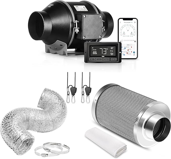 iPower 4" Smart Inline Duct Fan with Humidity Temperature Control via Bluetooth and WiFi App, Air Carbon Filter with 8 Ft Ducting and Rope, HVAC for Grow Tent Ventilation