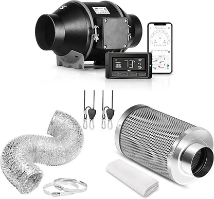 iPower 4" Smart Inline Duct Fan with Humidity Temperature Control via Bluetooth and WiFi App, Air Carbon Filter with 8 Ft Ducting and Rope, HVAC for Grow Tent Ventilation
