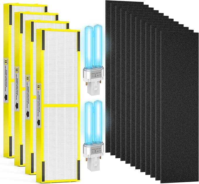 4 pack FLT4825 HEPA Replacement Filter B ＆ LB4000 Bulb for Guardian AC4825, AC4300, AC4850, AC4800, AC4820, AC4900 Air Cleaner Purifier, 4 HEPA Filters +12 Carbon filters+ 2 lb4000 uv bulb