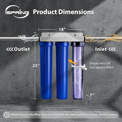 iSpring WCB32C-GAC+AHPF12MNPT12X2 3-Stage Whole House Water Filter System w/ 3/4'' Push-Fit Braided Stainless Steel Hose Connectors, Reduces Chloramine, PFAS, Chlorine, Sediments, 3/4" Inlet/Outlet