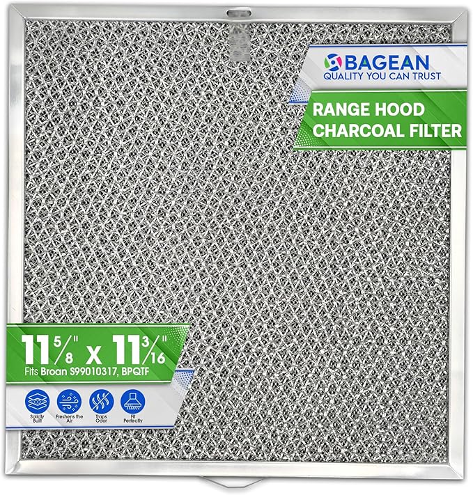 Stove Hood Vent Filter 11.6” x 11.2” BPQTF S99010317 Compatible with Broan Range Hood Filter Replacement for Ductless Overhead - Metal Mesh Filters Grease and Carbon Freshens Kitchen Oven Air (1-Pk)