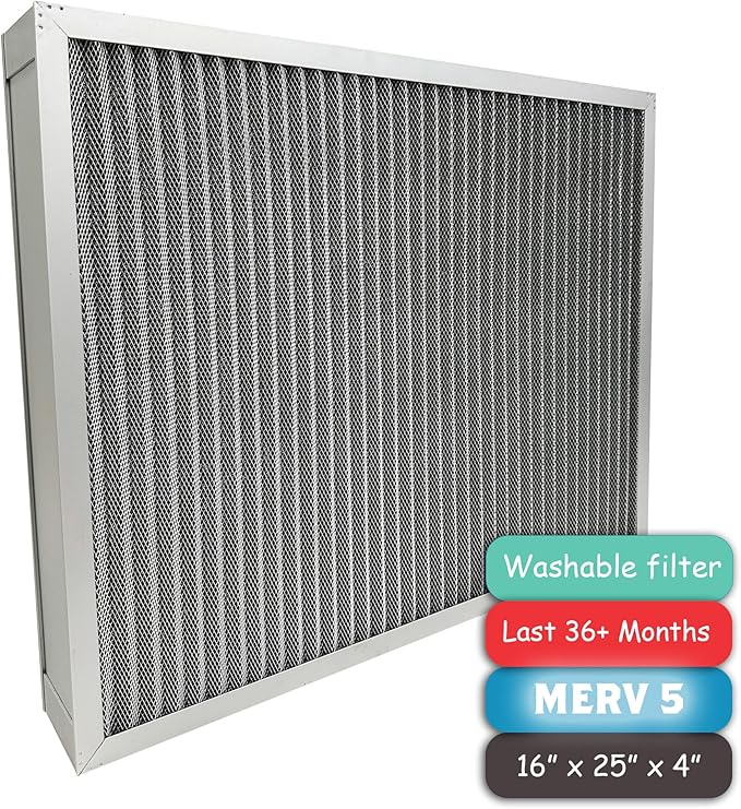 Washable Air Filter(16" x 25" x 4" MERV 5), Aluminum Electrostatic Air Filter for Furnace and Central Air Conditioner (Actual Size: 15.7" x 24.7" x 3.6")