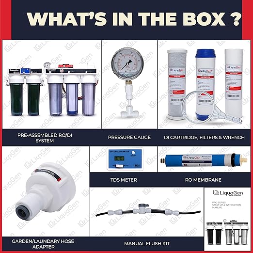 LiquaGen- Aquarium Reef Reverse Osmosis Deionization (RODI) Water Filter System + TDS Meter, Pressure Gauge and Electrical High Flow Booster Pump| Ultimate Water Purifier for Fish Tanks & More
