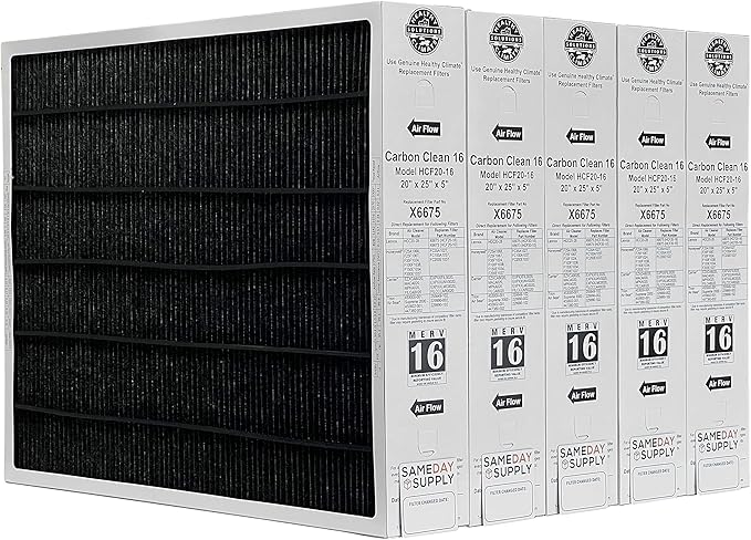 Lennox Healthy Climate X6675 20x25x5 Healthy Climate Carbon-Clean MERV 16 Filter Bundle with Same Day Supply Filter Change Reminder Magnet (5-Pack)