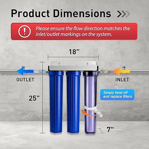 iSpring WCB32+AHPF12MNPT12X2 Whole House Water Filter System, Reduces up to 99% Chlorine, 3-Stage Water Filtration System w/Clear 1st-Stage Housing & 3/4" Push-fit Stainless Steel Hose Connectors