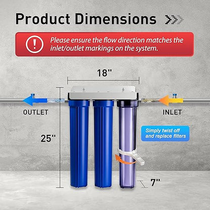 iSpring WCB32+AHPF12MNPT12X2 Whole House Water Filter System, Reduces up to 99% Chlorine, 3-Stage Water Filtration System w/Clear 1st-Stage Housing & 3/4" Push-fit Stainless Steel Hose Connectors