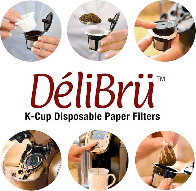 Delibru K Cup Disposable Paper Filters 300 Pack Fits With All Reusable Coffee Pods - Compostable and Disposable Coffee Filters for Keurig Single Cup