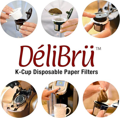Delibru K Cup Disposable Paper Filters 300 Pack Fits With All Reusable Coffee Pods - Compostable and Disposable Coffee Filters for Keurig Single Cup