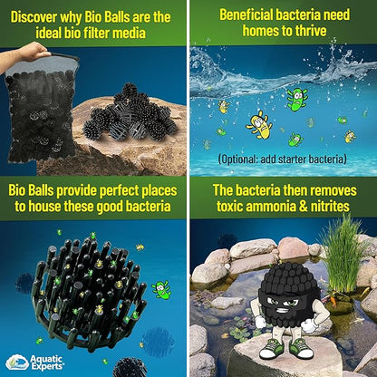 Aquatic Experts 1.5" Large Bio Balls for Ponds – Biological Filter Media for Waterfalls & Outdoor Pond Filters, Treats Up to 1,000 Gallons (300 Count + 14" x 20" Mesh Bag)