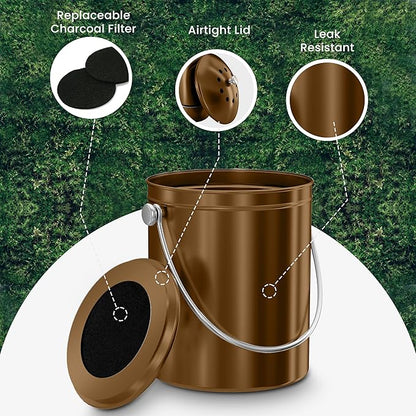 Utopia Kitchen Compost Bin for Kitchen Countertop, 1.3 Gallon Compost Bucket for Kitchen with Lid, Includes 1 Spare Charcoal Filter (Bronze)