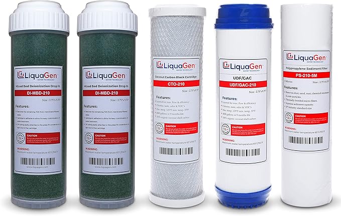 LiquaGen - Yearly Replacement Kit for 6 Stage Universal Reverse Osmosis Deionization (RODI) Systems | Reverse Osmosis Water Purifier Filter Set for Aquarium Reef, Hydroponics, Fish tank's & More