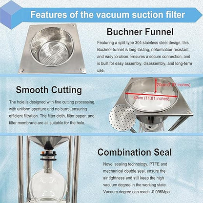 10L Vacuum Filtration System, Negative Pressure Suction Filter with Stainless Steel Buchner Funnel & Glass Filter Flask, Discharge Valve & Brake Casters, for Lab Chemical Industrial Use