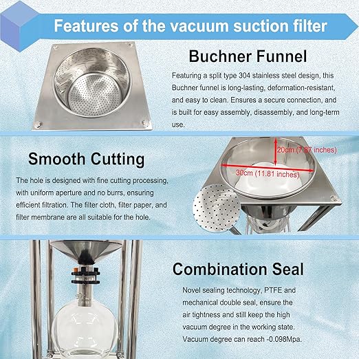 50L Vacuum Filtration System, Negative Pressure Suction Filter with Stainless Steel Buchner Funnel & Glass Filter Flask, Discharge Valve & Brake Casters, for Lab Chemical Industrial Use