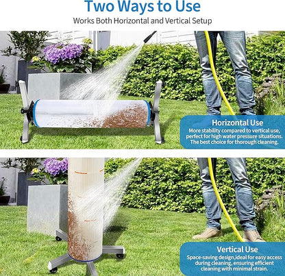 Pool Filter Cleaning System and Cleaner Stand Solid Aluminum Shaft- Compatible with 3，4，and 6 Inch Filter Cartridges，Dual Use Stand Design for Vertical & Horizontal