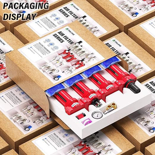 TAILONZ PNEUMATIC 1/4 Inch NPT 0-150 PSI Red Industrial Grade 4 Stage Air Drying System, Double Particulate Filter, Coalescing Filte,Desiccant Dryer and Air Regulator Manual Drainage