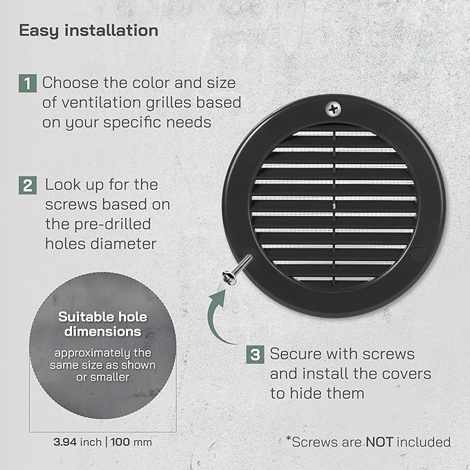 Vent Systems 4" Inch (Opening Dimensions) - Pack of 10 - Black Soffit Vent Cover - Plastic Round Air Vent Grille - Built-in Mesh Screen - HVAC Register Louver for Bathroom, Home, Kitchen