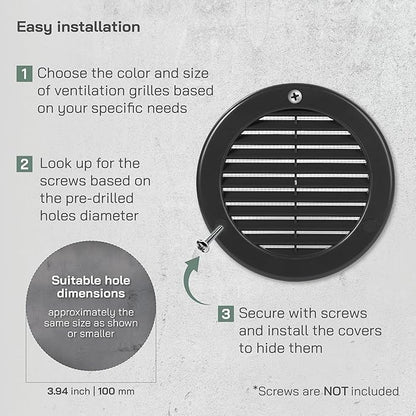 Vent Systems 4" Inch (Opening Dimensions) - Pack of 5 - Black Soffit Vent Cover - Plastic Round Air Vent Grille - Built-in Mesh Screen - HVAC Register Louver for Bathroom, Home, Kitchen