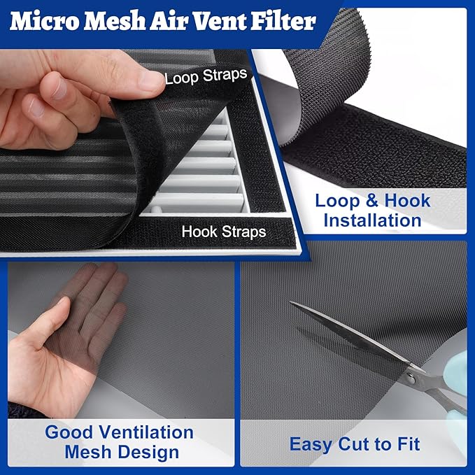 Air Vent Filter Kit, 39"x55" Cut to Fit Micro Mesh Filter with Low Resistance, Easy Air Flow, Air Vent Filters with Adhesive Hook Tape for HVAC, Registers and Grilles, Black