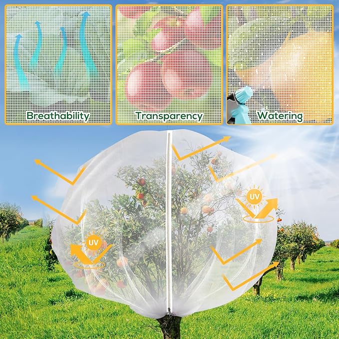 9.8 x 9.8 ft Large Fruit Tree Netting Cover with Zipper and Drawstring,Garden Insect Netting Plant Cover Transparent Bird Plant Barrier Flower Fruit Mesh Screen for Preventing Deer Squirrel Bug