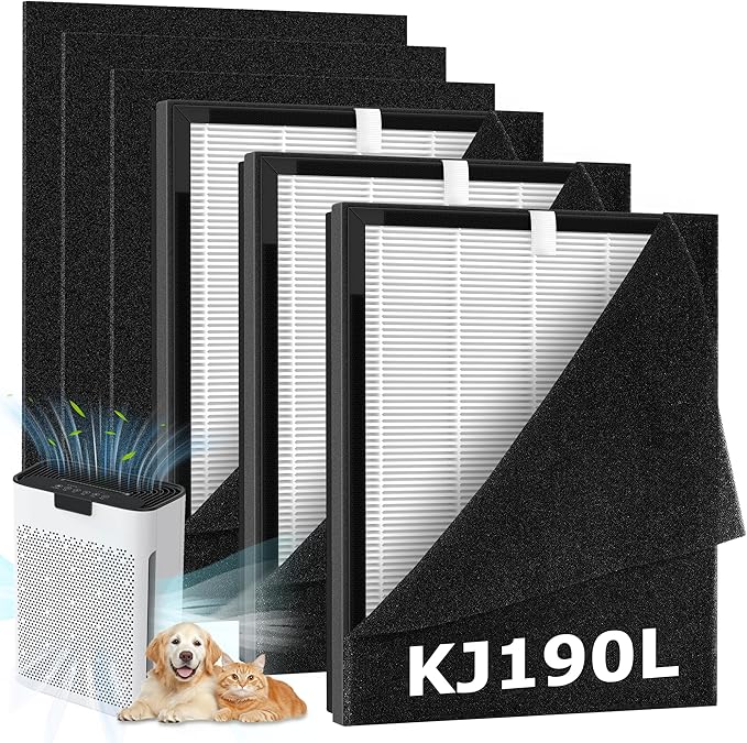 3 Pack KJ190L Filter Replacement Compatible with MOOKA KJ190L Air Purifier for Large Room, 3 Stage Filtration for Pollen Dust, 3 High-Efficiency Filters & 6 Washable PreFilters