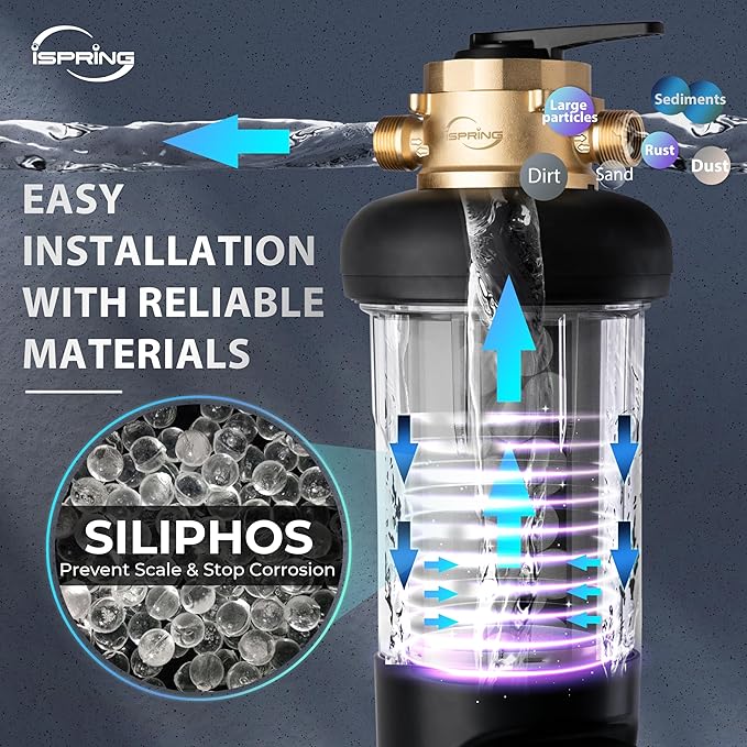 iSpring WSP50SL-ARJ-BP, NSF Certified, Whole House Spin Down Sediment Water Filter, 4 Modes Bypass, Includes Siliphos Helps Prevent Scale, Clear Housing, Jumbo Size, Touch-Screen Auto Flushing