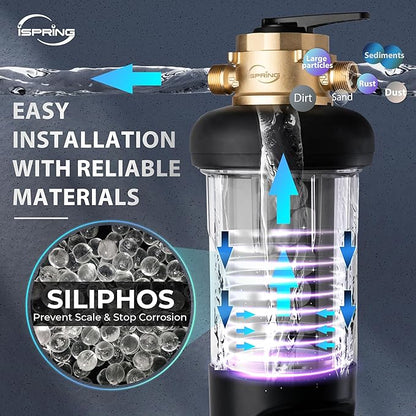 iSpring WSP50SL-ARJ-BP, NSF Certified, Whole House Spin Down Sediment Water Filter, 4 Modes Bypass, Includes Siliphos Helps Prevent Scale, Clear Housing, Jumbo Size, Touch-Screen Auto Flushing