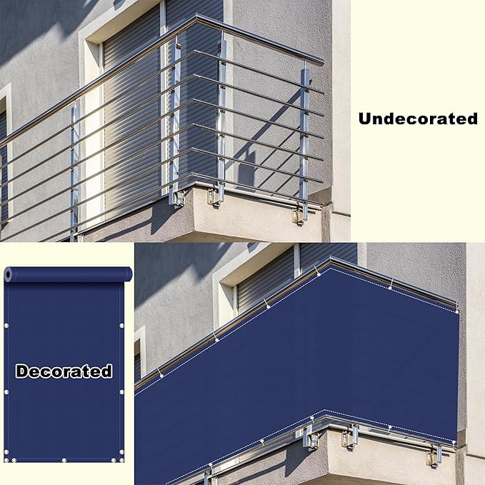 Outdoor Privacy Screen 3.9' x 26.2' UV-Resistant Visibility Reduction, Patio Privacy Screens for Balcony Cable Zip Ties Included Garden Decor for Banister Guard, Patio Enclosure, Dark Blue