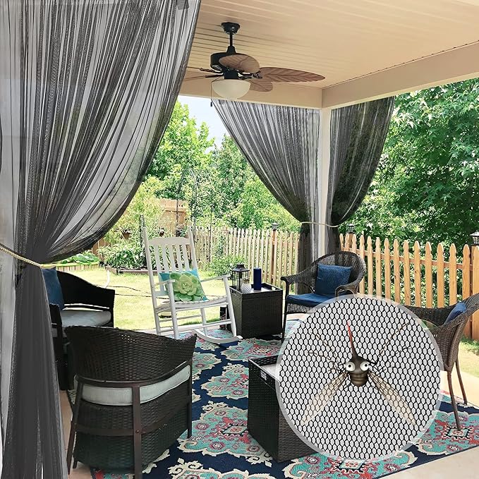 RYB HOME 2 Panels Porch Screen Mesh Outdoor Curtains Lightweight Mosquito Netting for Patio Gazebo Pool Hut Bug Netting Size Adjustable, Black, 118 inches Wide x 120 inches Long